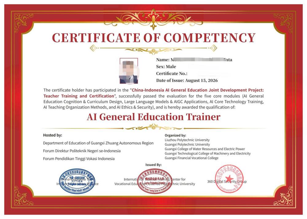 Course Instructor Certificate jointly issued by the Chinese and Indonesian sides